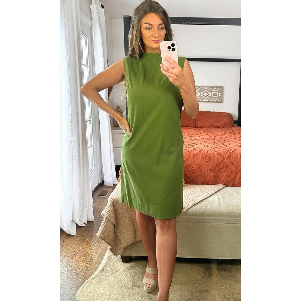 Vintage Handmade Olive Green Lined Round Neck Midi Dress